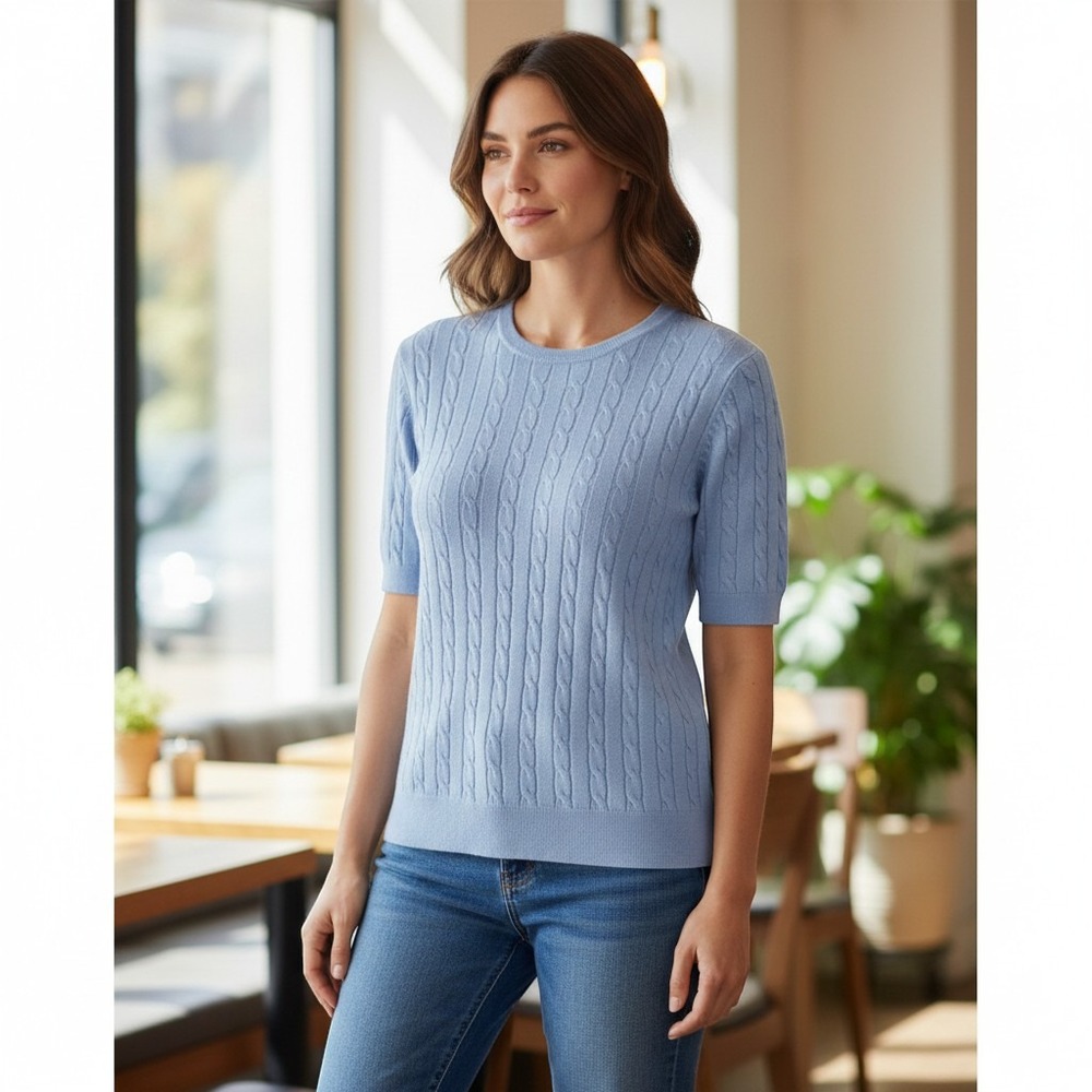 Sag Harbor Short Sleeve Sweater L Blue Excellent Cable Knit Ribbed Crew Neck